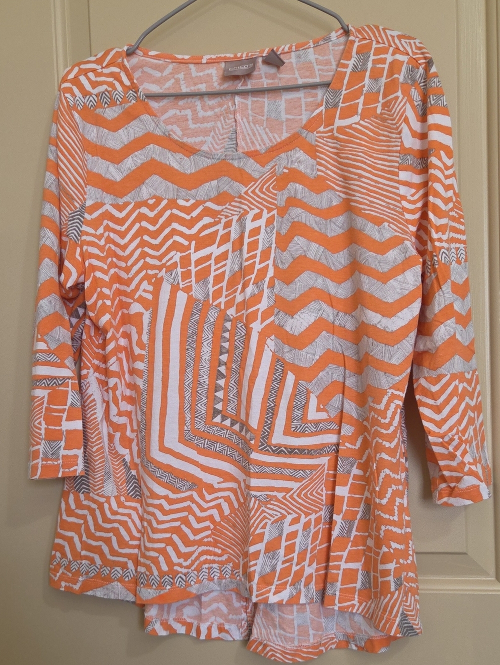 Chico's Orange and White Geometric V-Neck Tunic